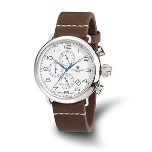 Charles Hubert Men's Stainless Brown Leather Band 46mm Dual Time Watch